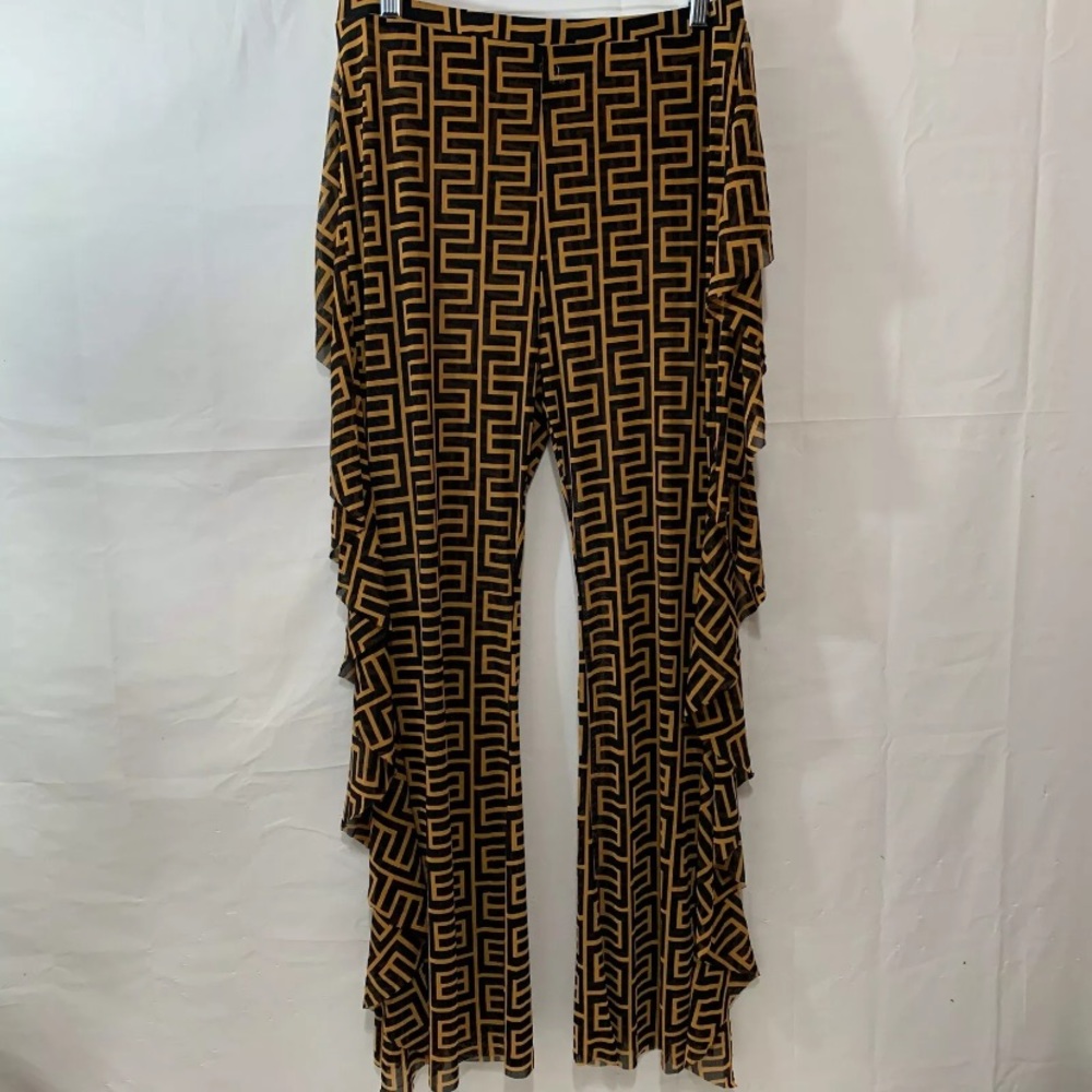 Women NIB Plus Fringed Sheer Mesh Black/Tan Geometric Design HR Flared Pants
